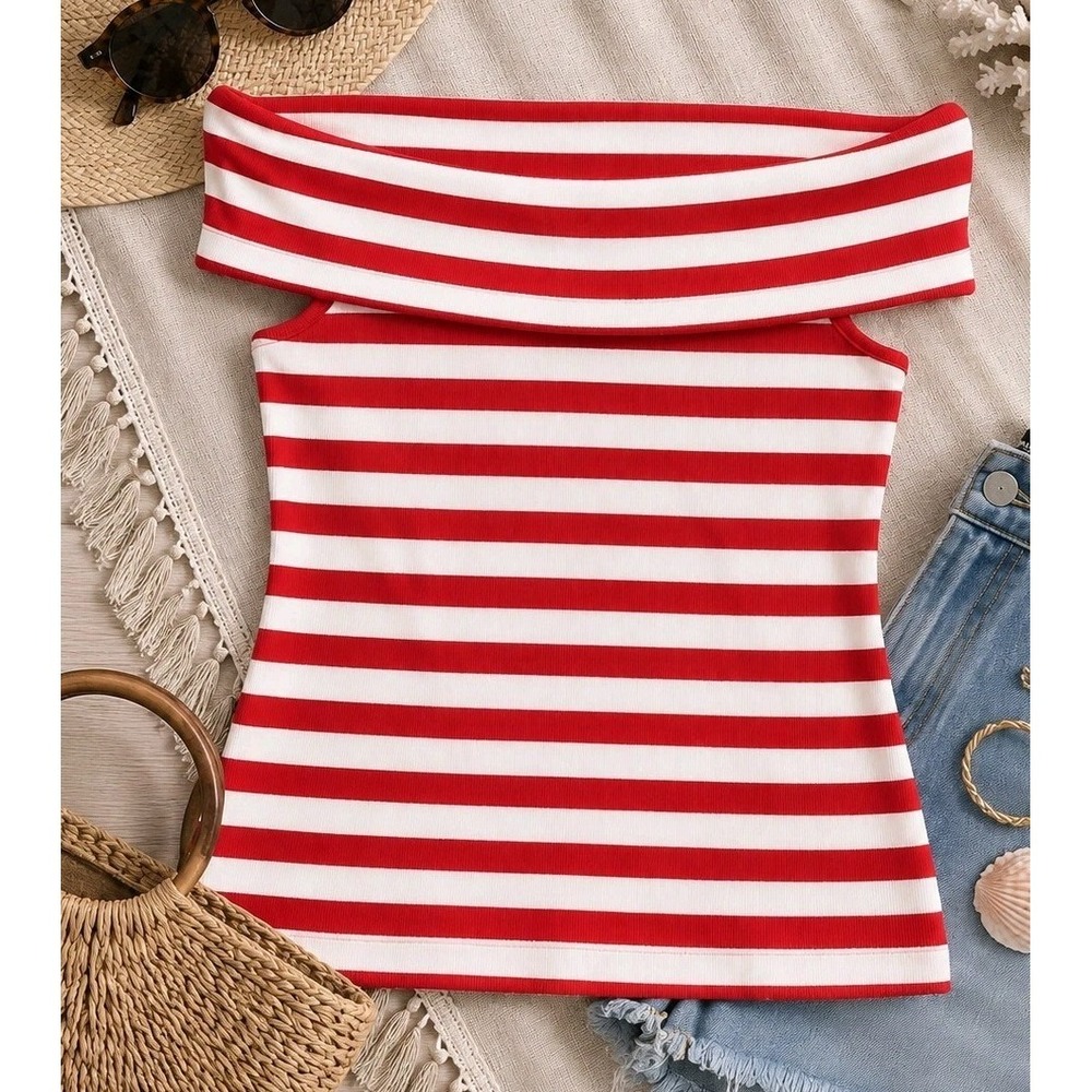 Banana Republic Off Shoulder Top M Red White Stripe Rib Knit Stretch Coastal...